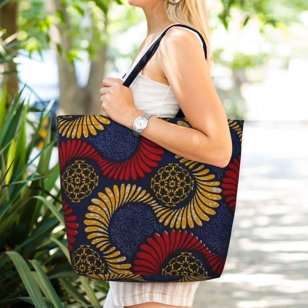 African Ankara Prints Grocery Shopping Tote Bags Women Geometric Ethnic Art Canvas Shoulder Shopper Bags Big Capacity Handbag