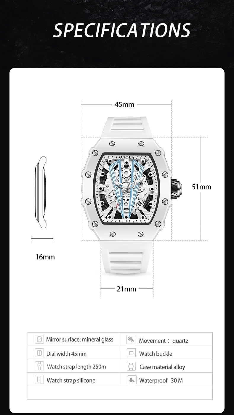 High Quality Men's Watch Quartz ONOLA Fashion Clock Waterproof Silicone Tape Watch for Men