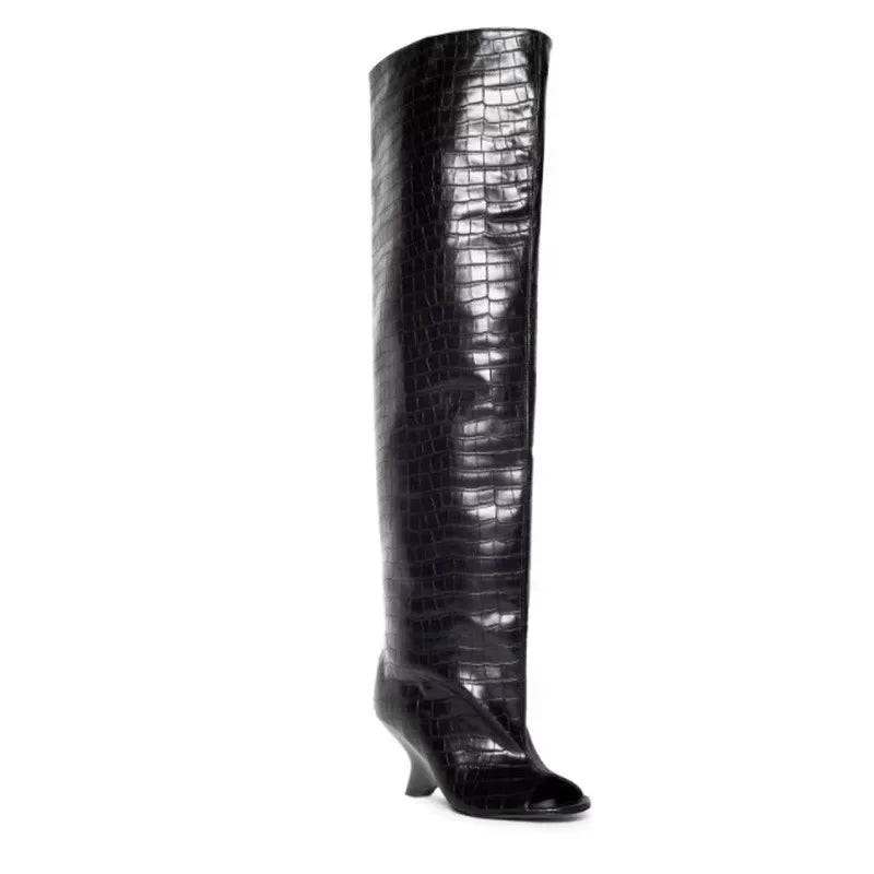 2025 European AndAmerican Nichedesign Versatileopen Toe Long Tube Cool Boots for Women, Crocodile Patterned Irregular High Heels