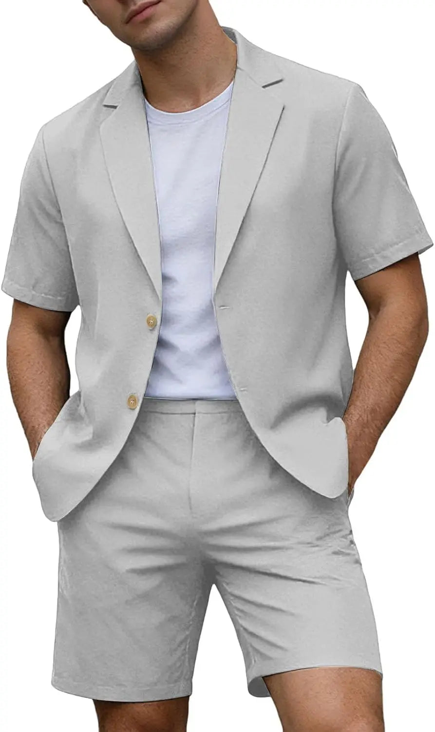 Suits for Men Short Sleeve Blazer Jacket Shorts Set Lightweight Wedding Party Business Casual Formal Outfits