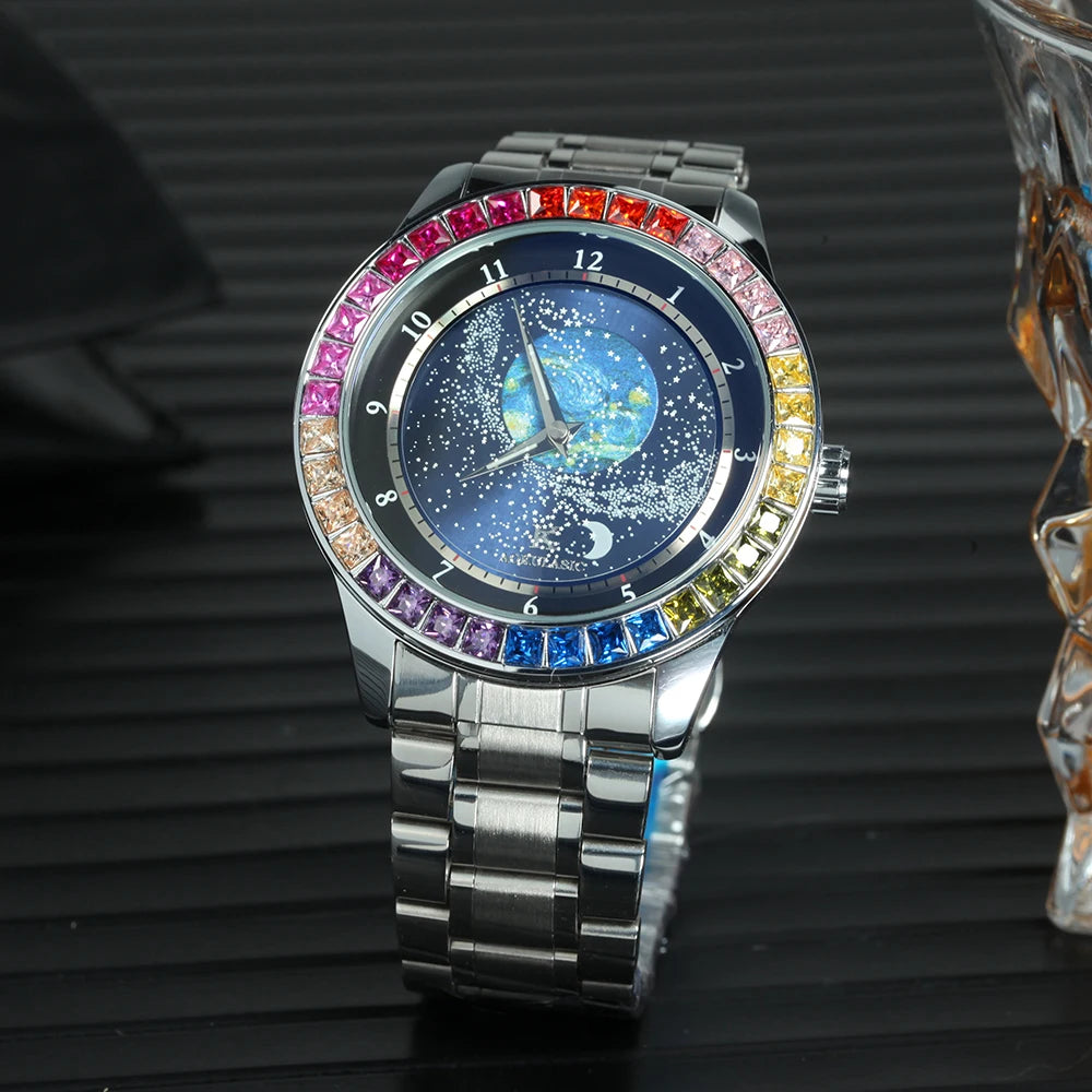 Fashion Starry Sky Luminous Mechanical Watch for Men Leather Steel Strap Luxury Brand Business Automatic Mens Watches AOKULASIC