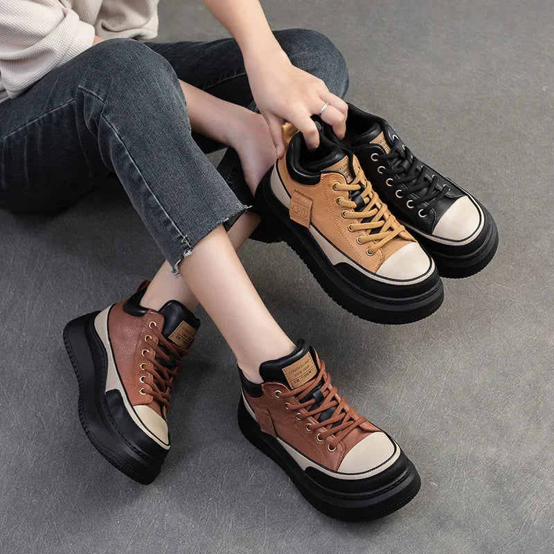 Myjyjz 4.5cm Cow Genuine Leather Women Spring Platform Wedge Flats Chunky Sneakers Lace Up Autumn Loafer Vulcanize Shoes Rubber