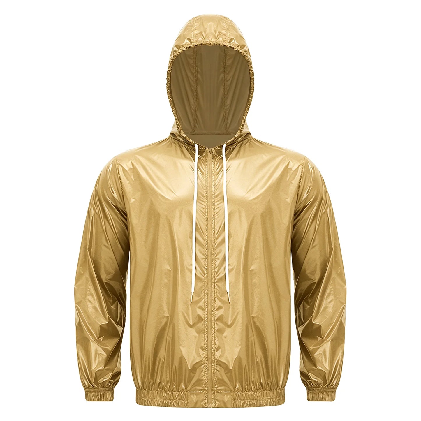 Men Shiny Glossy Hooded Jacket Windbreaker Raincoat for Hiking Fishing Biking Long Sleeve Front Zip-up Drawstring Hood Outerwear