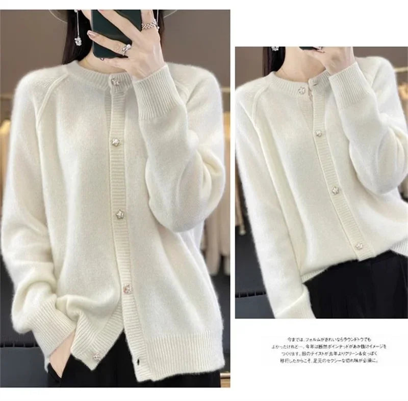 New Women Cardigan Sweater Autumn/Winter Round Neck Star Button Solid Knit Bottoming Shirt Jacket Quality Knitwear Female Tops