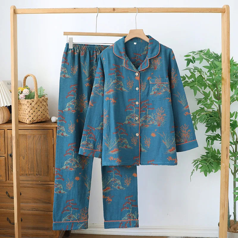 Cotton Jacquard Women's Pajamas Set for Spring and Autumn Retro Color Woven Home Clothes Long Sleeved Pyjamas Women