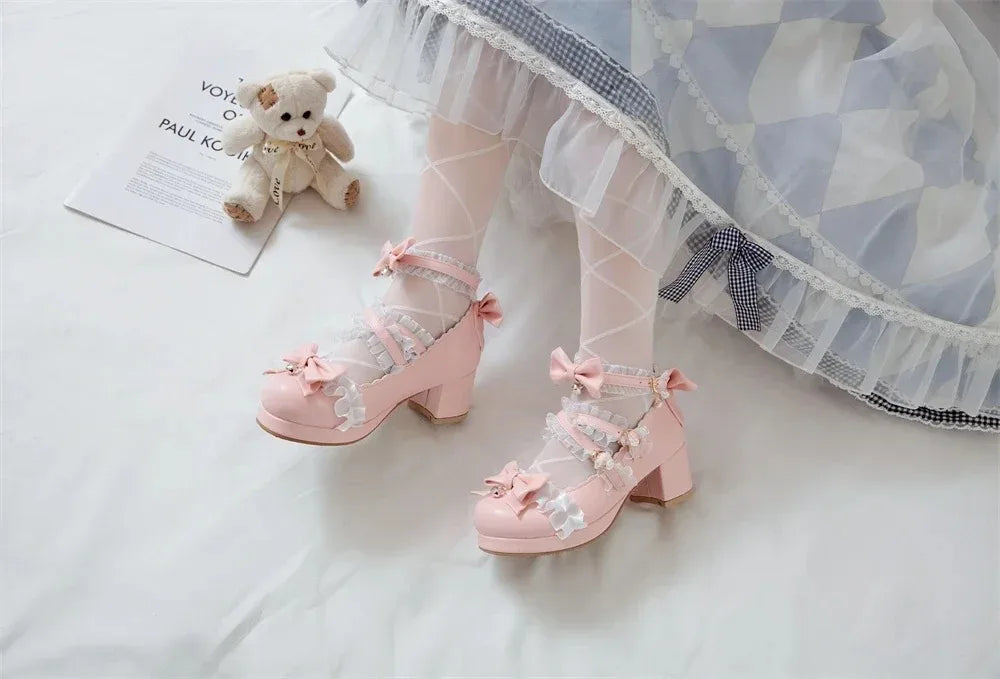 2025 Women High Heels Cross Strap Mary Jane Pumps Party Wedding White Pink Black Ruffles Bow Princess Cosplay Lolita Shoes 41