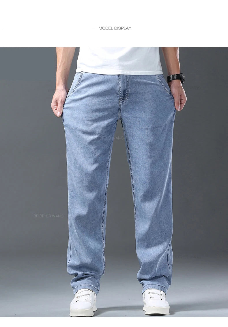 Lyocell Ice Silk Jeans Men's Summer Ultra-thin Loose Straight Denim Pants Soft Comfortable Brand Male Light Blue Trousers