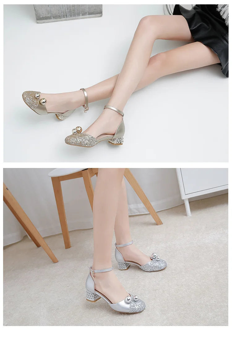 Princess Kids Leather Shoes Girls Sandal Sweet Pearl Casual Glitter Children High Heels Girls Party Dance Shoes Pink Gold Silver
