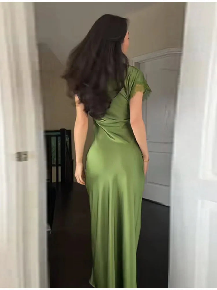 Women Elegant Green Satin Maxi Dress Lace Slit Asymmetric High Neck Draped One-sleeve Slim Fit Lgown Formal Evening Party Outfit