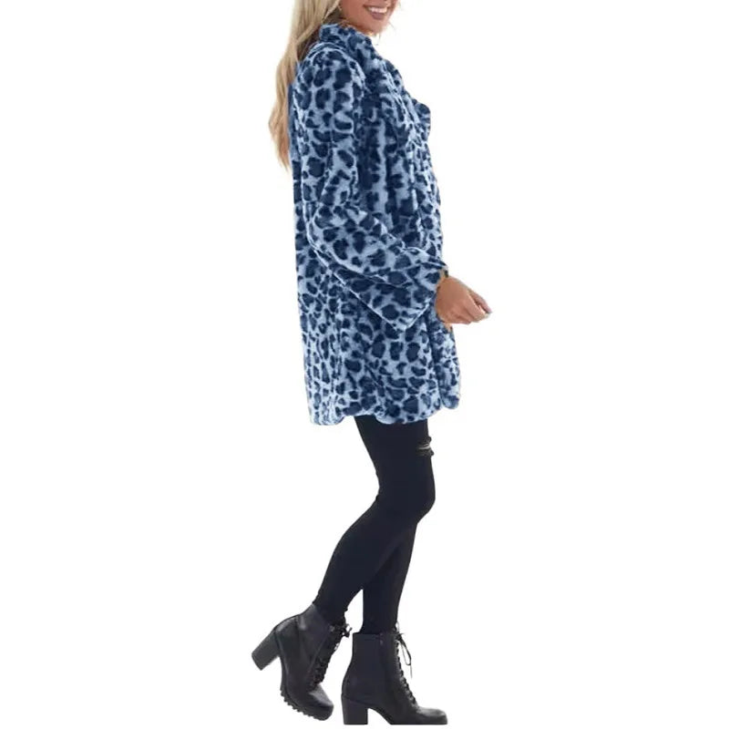 Women Winter Warm Faux Fur Coat Fashion Casual Turn-down Collar Leopard Jackets Ladies Streetwear Long Sleeve Pockets Overcoats