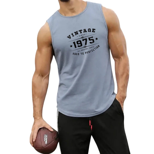 European Mens Summer Vest Print Round Neck Breathable Mesh Workout Top for Running Gym Fitness Athletic Sleeveless Clothing