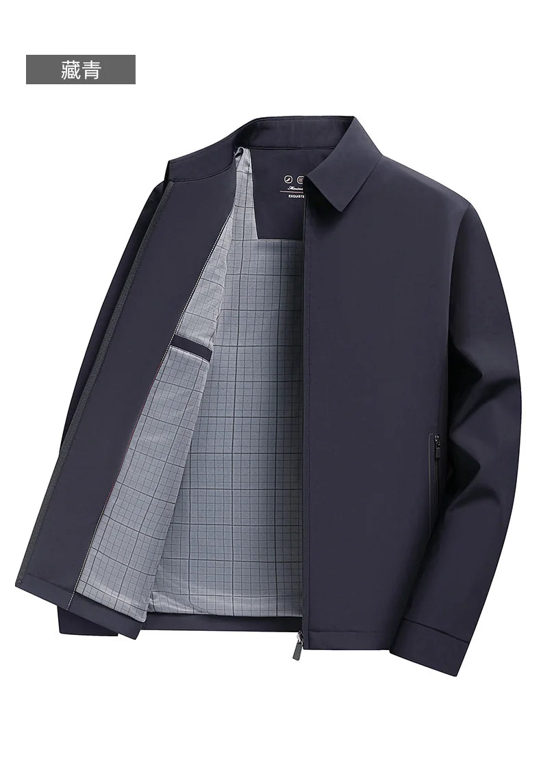2026 New Men's Spring Lapel Zip-Up Jacket Spandex Fabric Casual Business Outerwear Windproof Anti-Wrinkle Coat