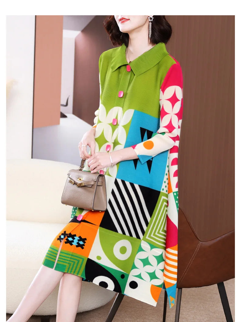 Miyake Pleated Dress Women 2024 Spring New High-End Design Sense Printing Lapel 3/4 Sleeve Single-breasted Fashion Shirt Dresses