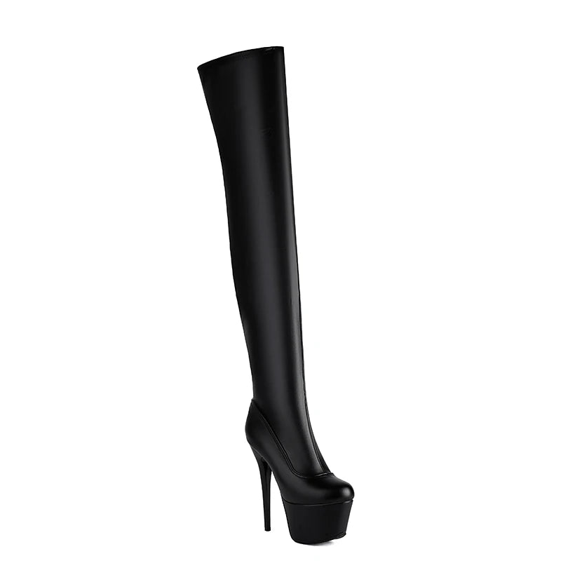 Plus Size Glossy Patent Leather High Platform Super High Thick Heel Over The Knee Boots Matte PU Zipper Warm Inside Long Boots