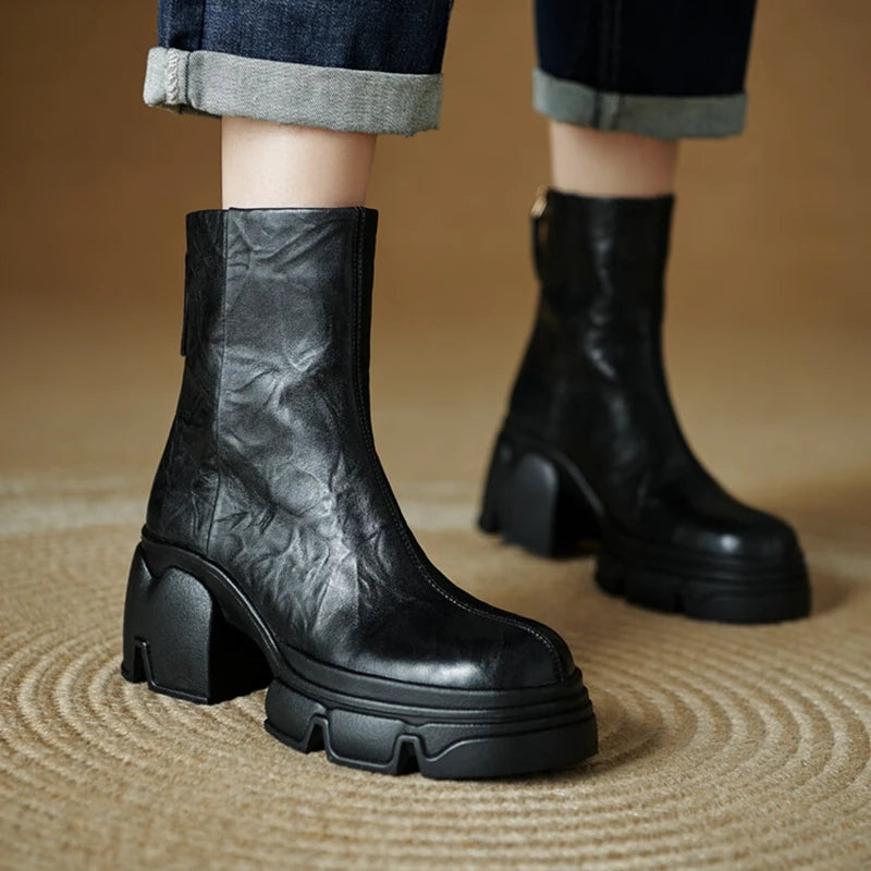 NEW Autumn Women Boots Genuine Leather Shoes for Women Round Toe Chunky Heel Shoes Concise Zip Platform Boots Soft Daily Shoes