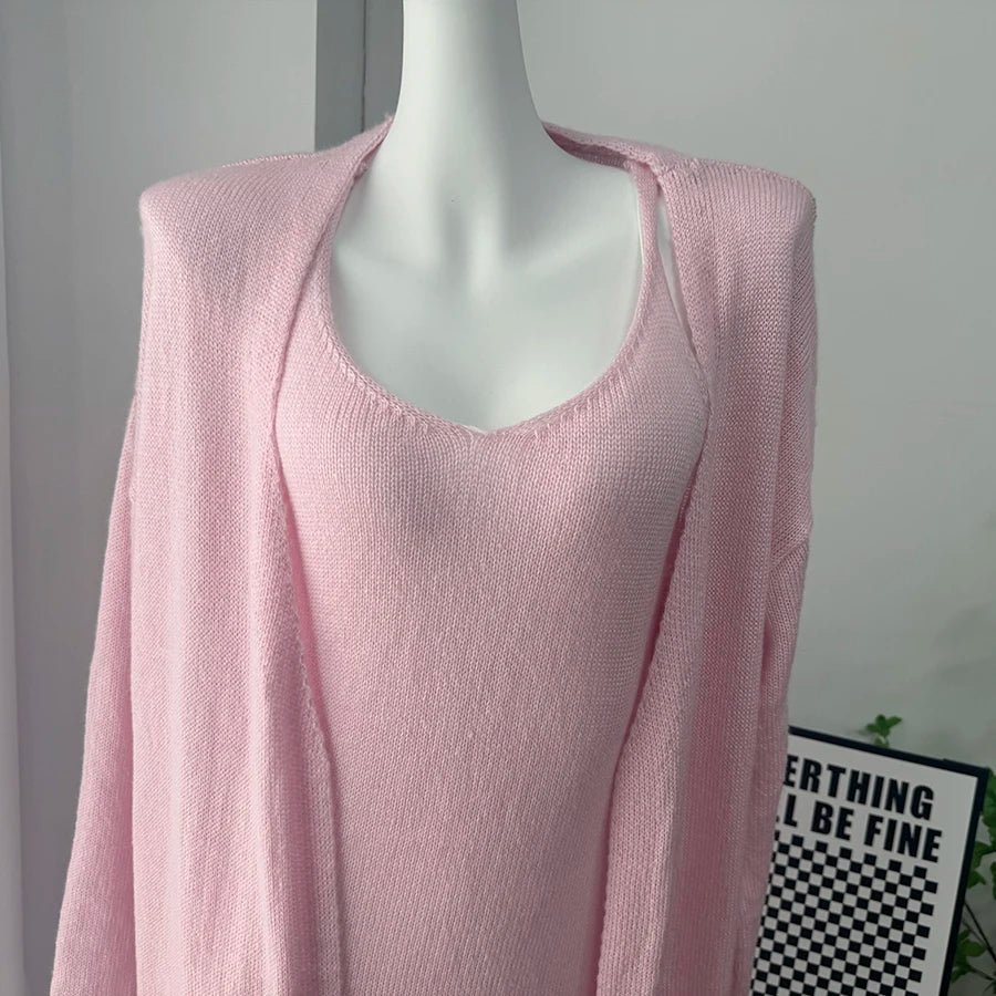 Hirsionsan Soft Loose Sets Women Three Pieces Long Sleeve Cardigan & Sexy Vest Dresses Elegant Female Hollow Outfits Tracksuit