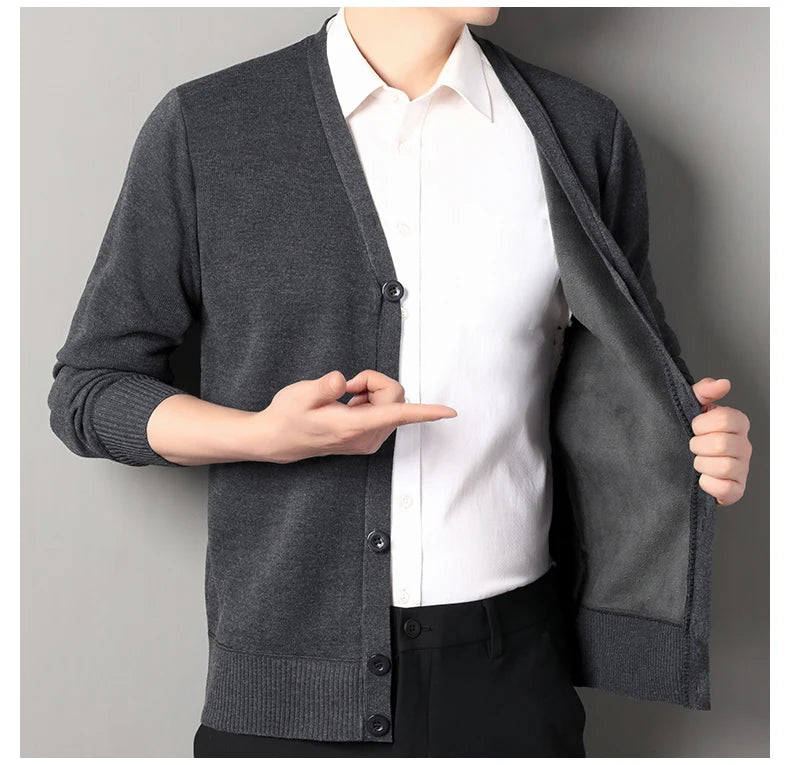 Mens Autumn Clothes Fleece Cardigan Jacket Knitted Sweater Outwear V-neck Fashion Cardigans Warm Men's Top
