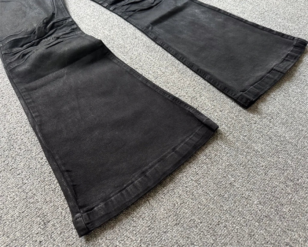 American Retro Heavy Industry High Street Coated Micro-Flared Jeans For Men And Women Black Gothic Vintage Casual Loose Jeans