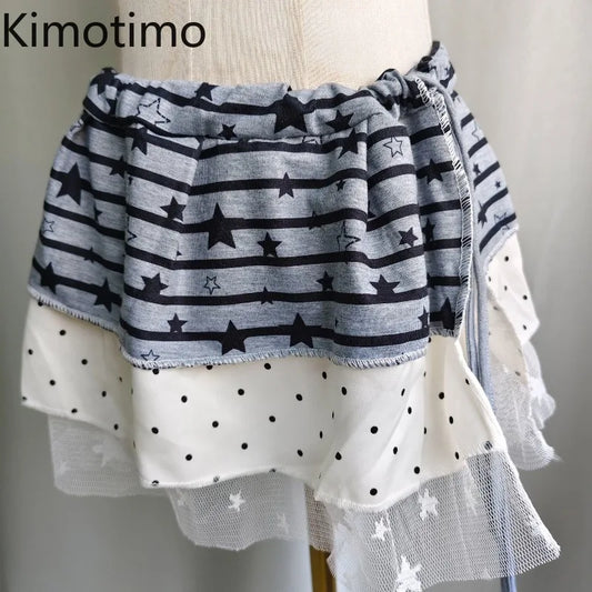 Kimotimo American Street Star Dot Printed Patchwork Lace Up Cake Skirt Women Sweet Y2k Aesthetic Versatile A-line Mini Skirts
