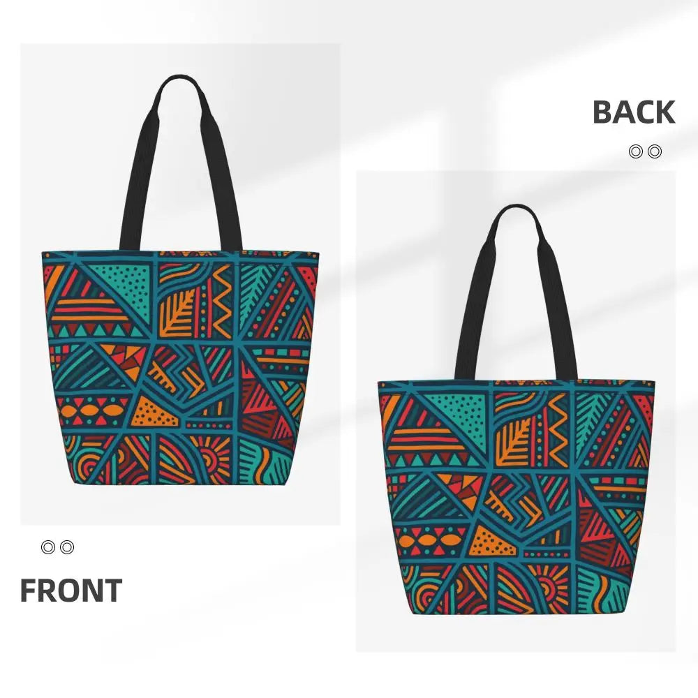 African Ankara Prints Grocery Shopping Tote Bags Women Geometric Ethnic Art Canvas Shoulder Shopper Bags Big Capacity Handbag