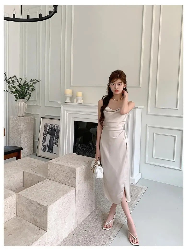 summer Europe and the United States aristocratic style texture satin pleated waist design solid color sexy slit slip dress