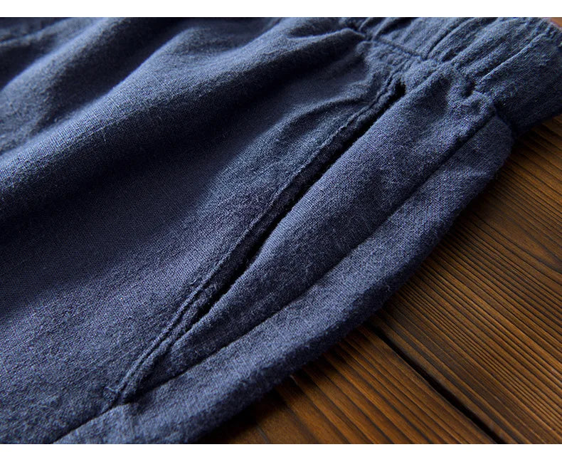 70% Linen,30% Cotton Men's Drawstring Elastic Waist Casual Pants, Straight Loose Ramie Trousers, Camping Fishing Comfortable