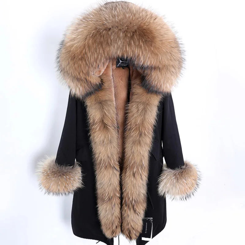 Maomaokong Winter Woman Natural Fur Overcoat Plus Size Black Parkas Raccoon Real Fur Lining Extra Larg Warm Jacket Coats Long