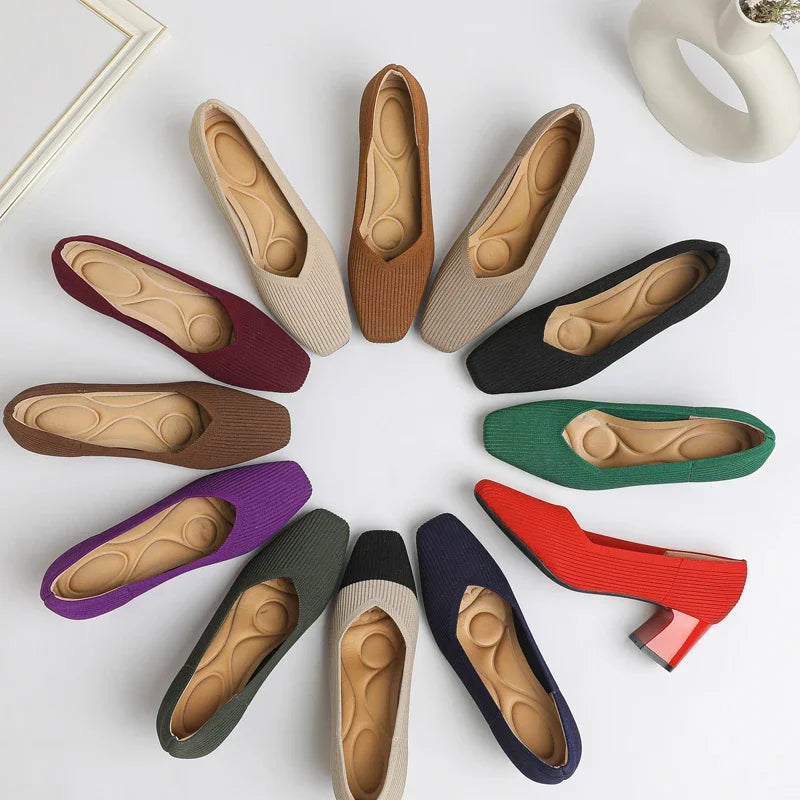 Shoes Woman High Heels Comfortable Square Knitted Breathable Comfortable Women's Flats Shoes (5cm High) 2025 New Collection