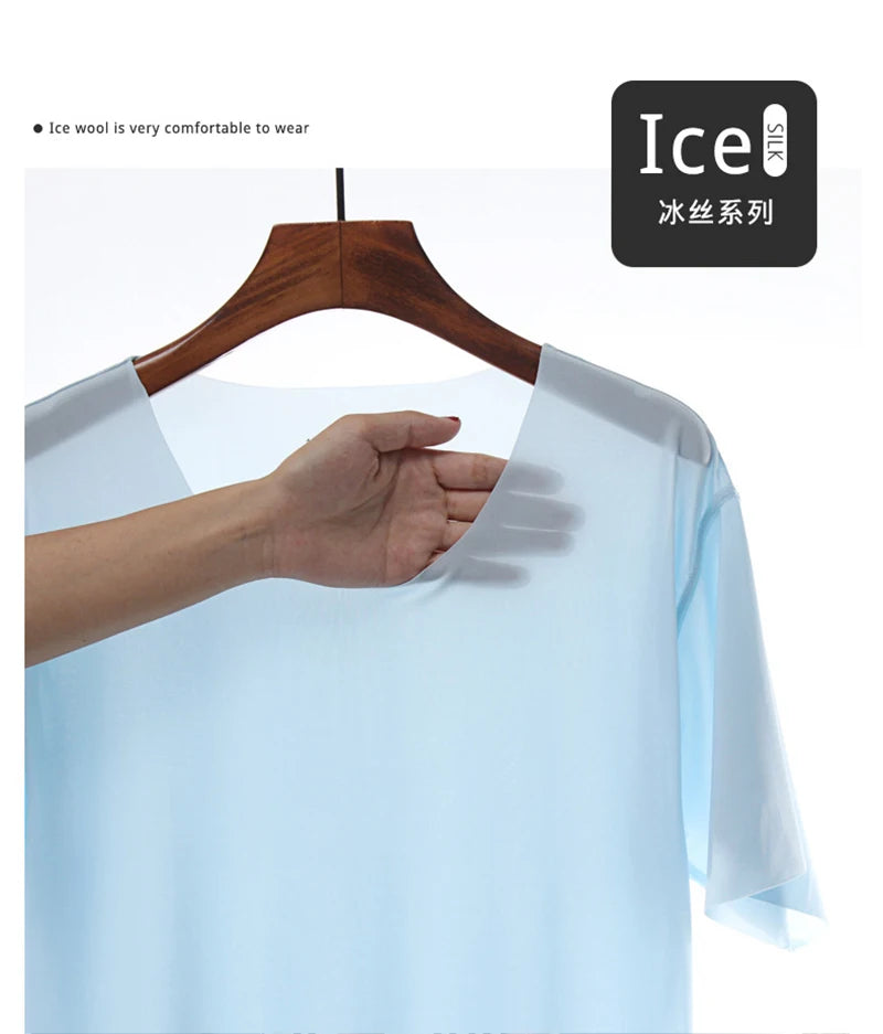 2Pcs/set Mens Ice Silk Short Sleeves T-Shirt & Long Pants Cool Thin Sleepwear Male Summer Pyjamas Home Clothing Nightwear Suit