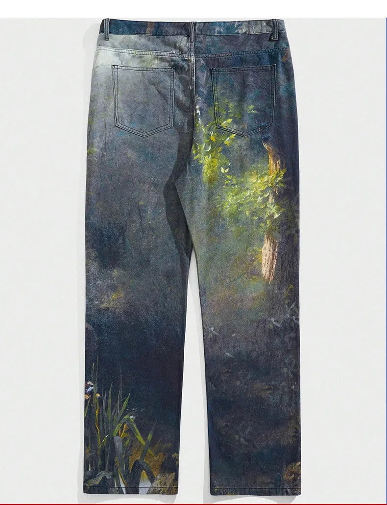 European and American Street Men's Fashionable 3D Digital Pattern Printed, Ink-splashed and Tie-dyed Straight-leg Jeans.
