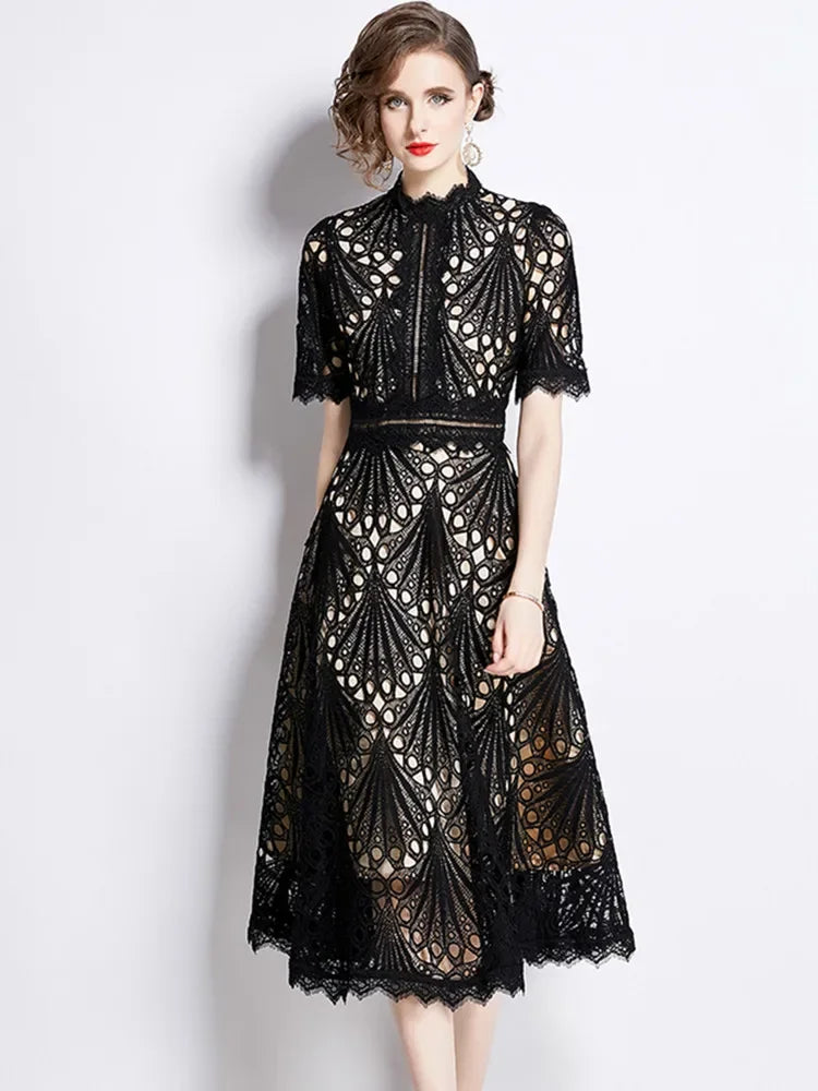 SMTHMA Vintage High-End O-Neck Short Sleeve Lace Hollow Out Dress For Women's Summer Slim Elegant Long Dress Female Clothing