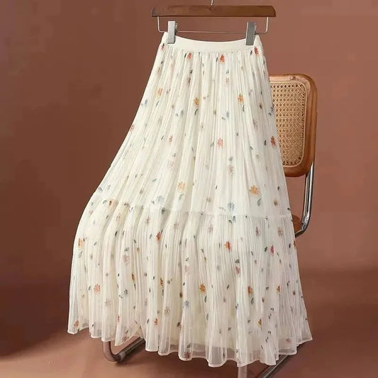Printed Mesh Skirt Women's New Summer High-waisted Slimming Pleated Gauze Skirt Female Mid-length Drape A-line Large Swing Skirt