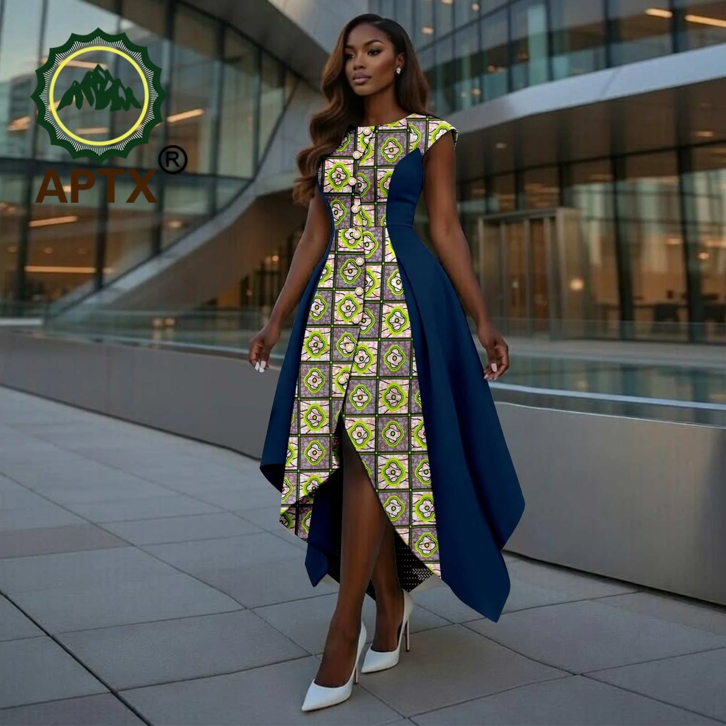 African Dress for Women Ankara Print O-Neck Short sleeve Ankle-Length Patchwork Asymmetrical Dress Dashiki Casual Party