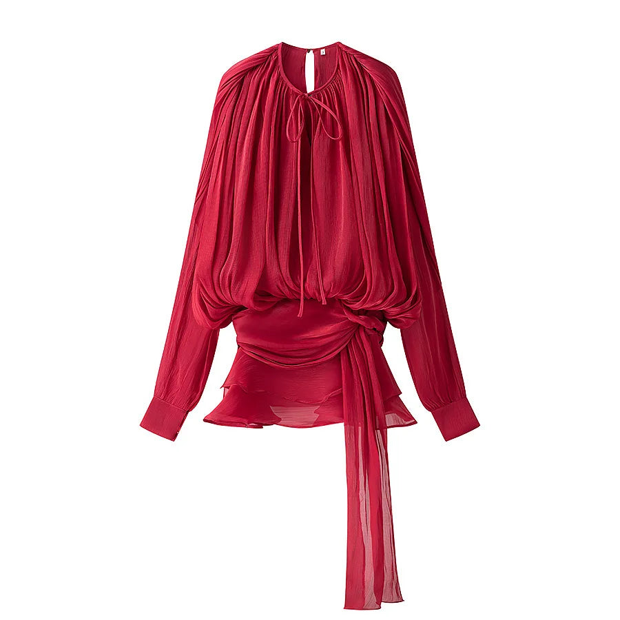 Dress Set Sweet Women Top Elegant Lantern Yarn Dress Women Spring New Short Waist Cinched Irregular Ruffle Edge Tie 9D6O