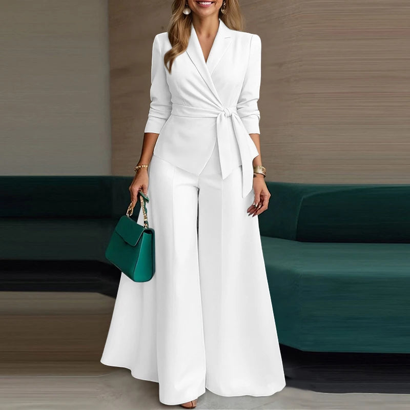 ZANZEA Elegant 2 Pieces Pant Sets Long Sleeve Belted Lightweight Blazer & Wide Leg Pant 2pcs Suits Office Lady Commuting Sets BAZAARHUBO