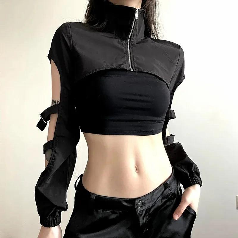 JOEVILU Women's Cyberpunk Goth Harajuku Crop Tops Long Sleeve Hollow Out Zipper T Shirt Y2K Grunge Streetwear Jacket for Dancing