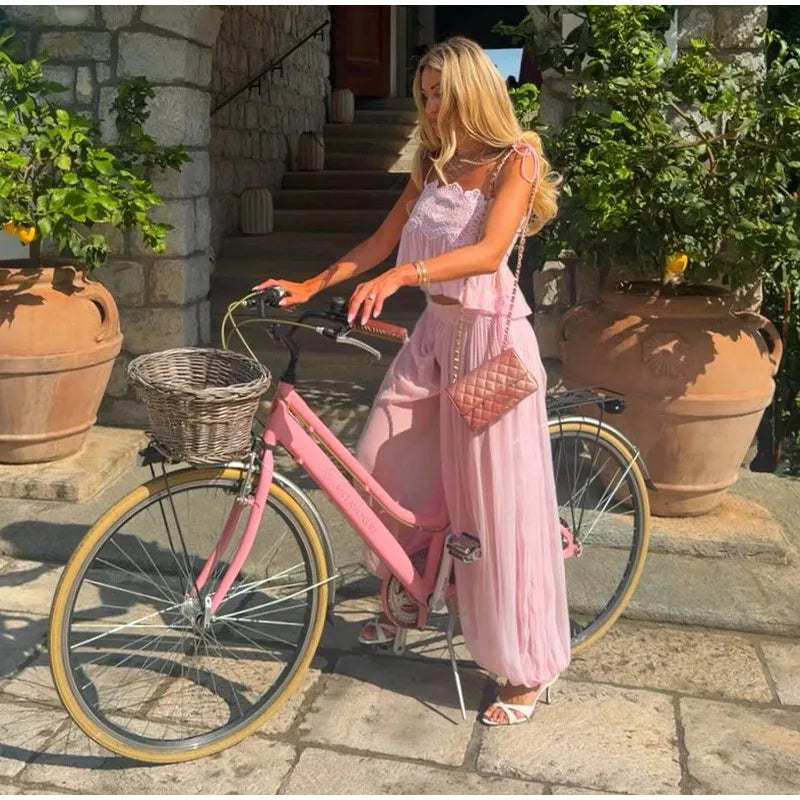 Women Pant Set Sheer Layers Spaghetti Strap Backless Lace Top Straps Solid Loose Straight Elastic Hem Fashion Beach Chic Suits