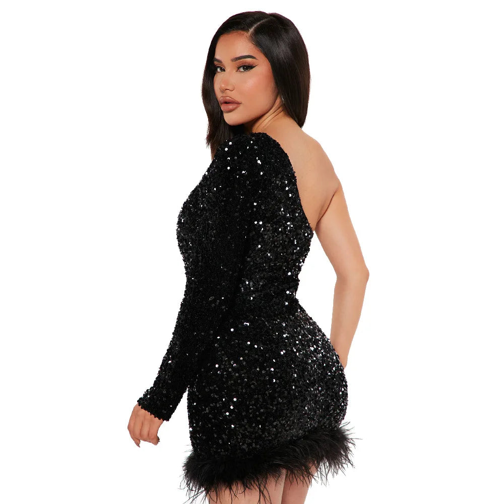 Sexy and Elegant Women's Party Dress Long Sleeved Diagonal Shoulder Off Shoulder Sparkling Edge Sequin Tight Women's Prom Dress