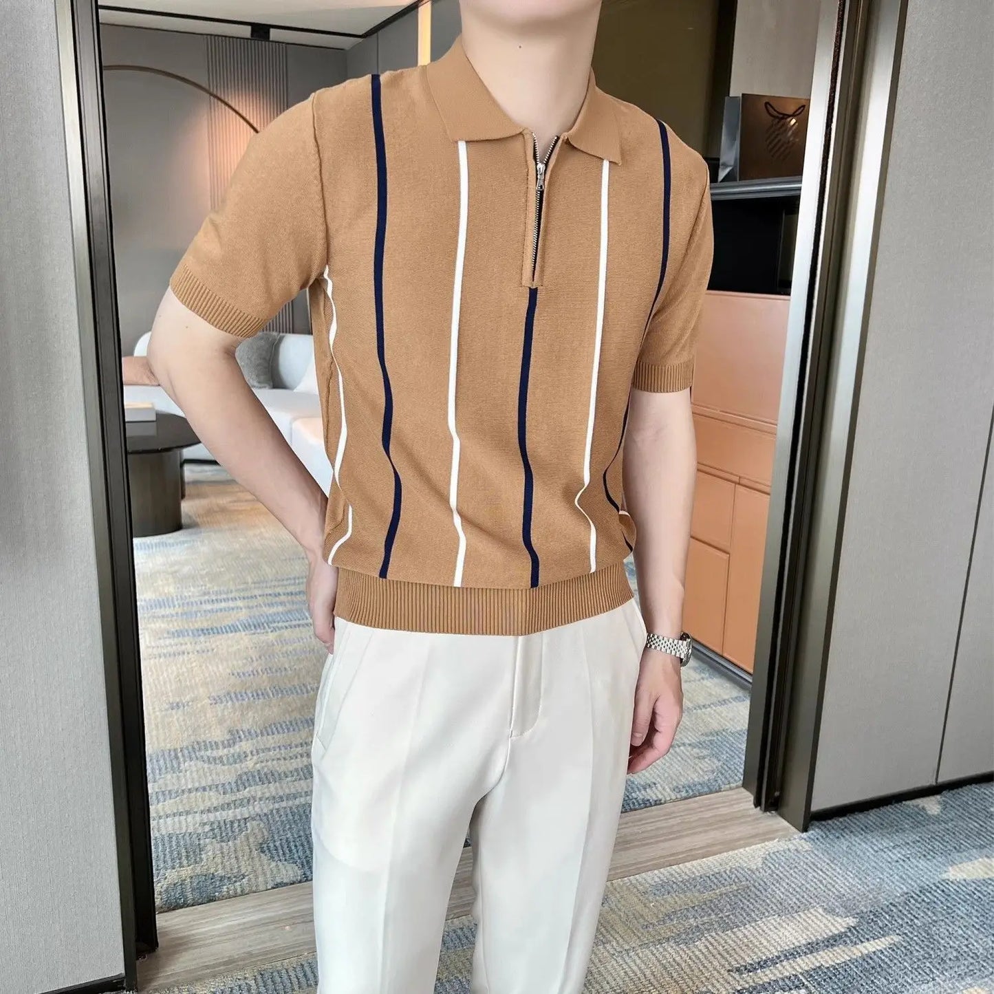 High-end Short-sleeved Men's British Retro Striped Slim Lapel Knitted Contrasting T-shirt 1/2 Pieces