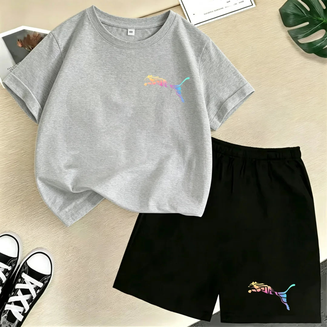 Kids Summer Casual Round Neck T-shirt Colorful Gradation Animals Boy Girl3-12Yrs Short-Sleeved+Shorts Fashion Sports Clothes Set