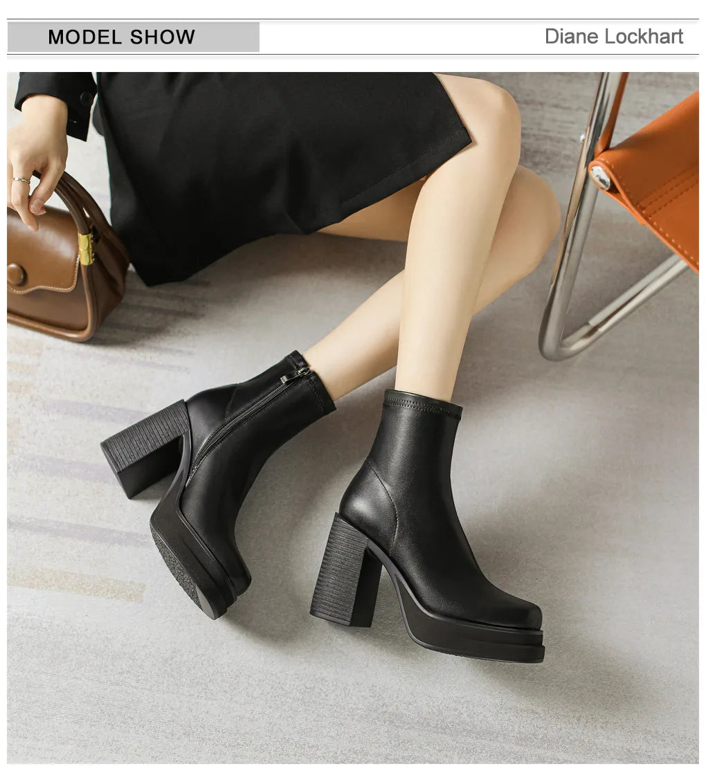 2025 NEW Brand Women Autumn Winter Boots Sexy High Heels Platform Black Brown Side Zip Shoes Woman Ankle Boots Size 33-41