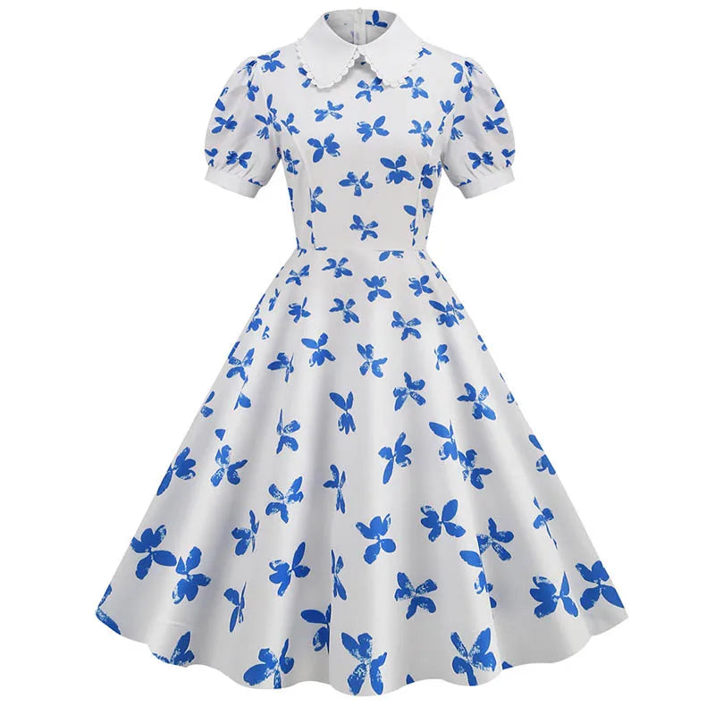 Women Vintage Dress Floral Print Peter pan Collar Elegant Party Dress Puff Short Sleeve Pin Up 50s Party Sundress 3XL