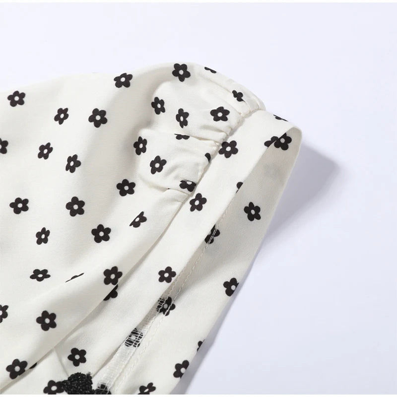 Elegant Female 2 Piece Skirt Set Polka Dots Printed Suit Cropped Short Sleeves Square Neck Top Slit High Waist Skirt Vintage Set