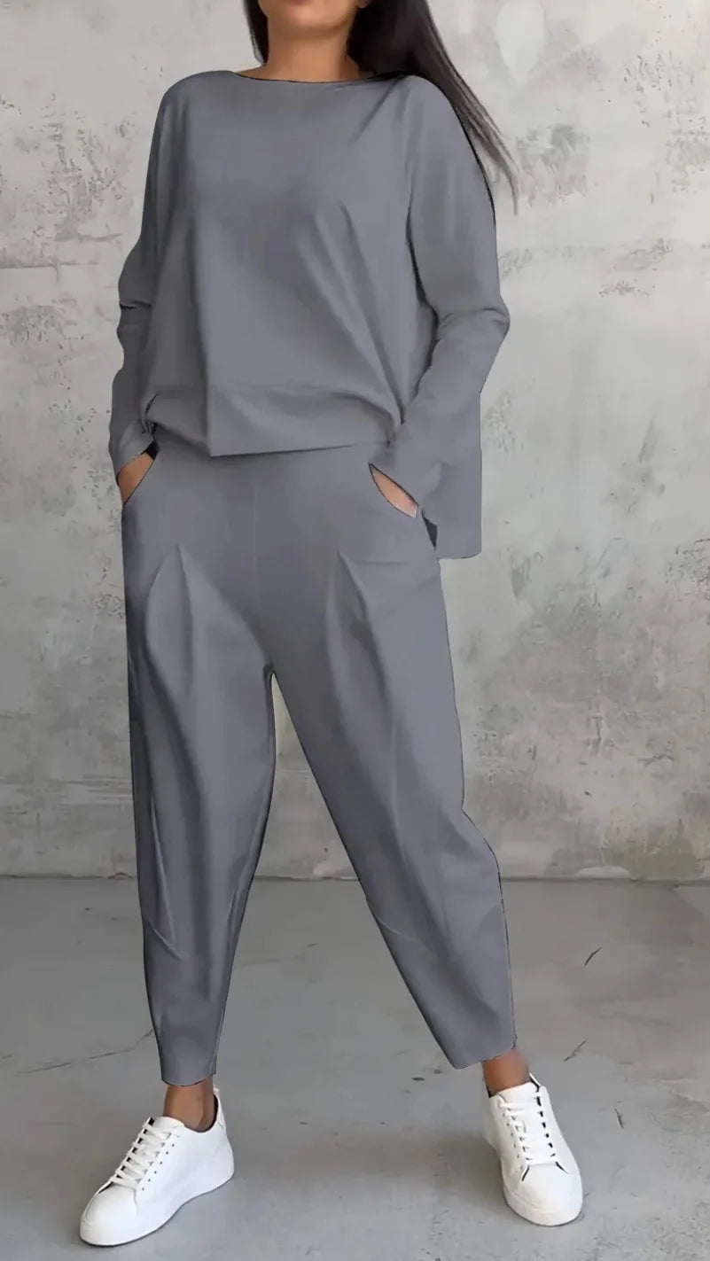 Tracksuits Women's Trousers Suit O-neck Long Sleeve Loose T-shirt Solid Color Trousers Pocket Simple 2-piece Set Loungewear