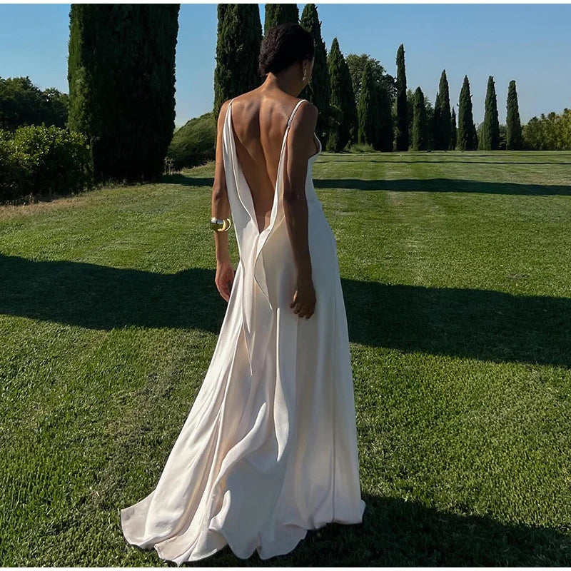 Sexy Backless Satin Women's Summer Dress V-neck Sleeveless Backless Slit Beach Sling Sundress 2026 Lady Chic Evening Party Robes