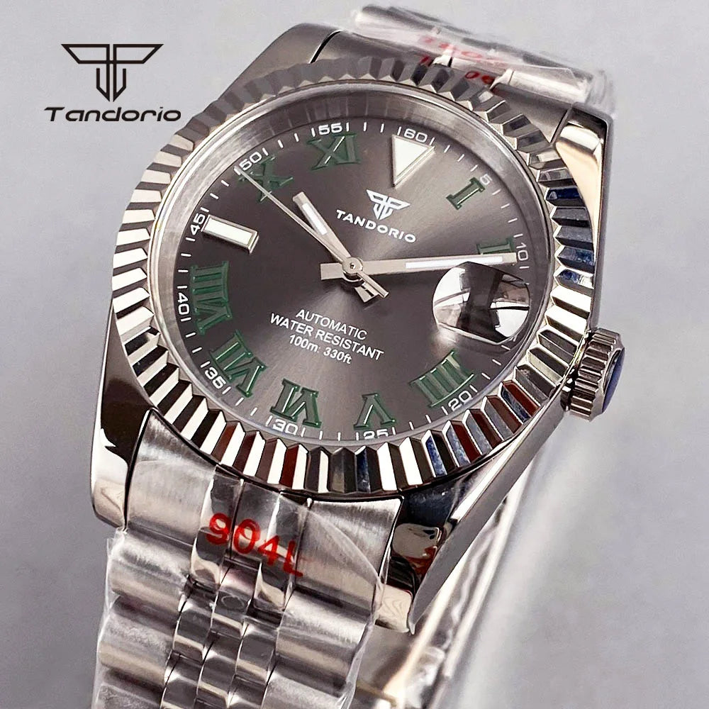 Tandorio Stainless Steel Automatic NH35 36mm/39mm Men's Watch Grey Sunburst Sapphire Roman Marks Mechanical Watches Date Lume