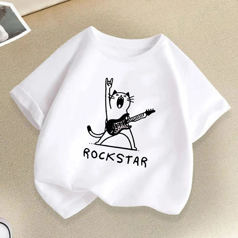 Funny Rock Star with Music Cat Children T-Shirts Summer Hip Hop Kids T-shirt Boys Girls Casual Fashion Colorful Top Tee Shirt