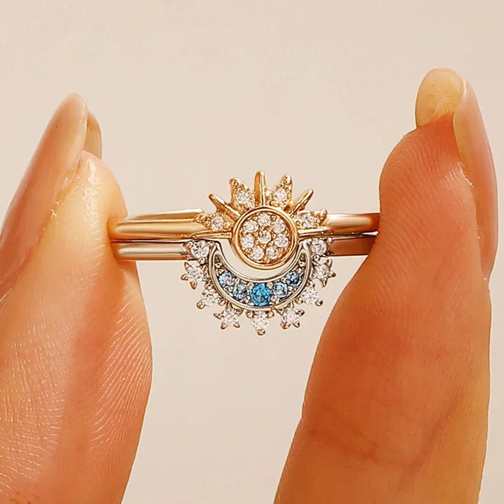 Moon and Star Ring Set Luxurious Crystal Rhinestone Two-in-One Couple Bff Friendship Rings Jewelry Gifts for Girlfriend Sister