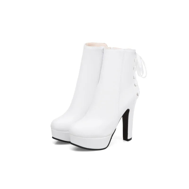 Fashion Ankle Boots Women Platform High Heels Short Boot Lace-up Black White Yellow Party Winter Shoes Lady Large Size 50 45