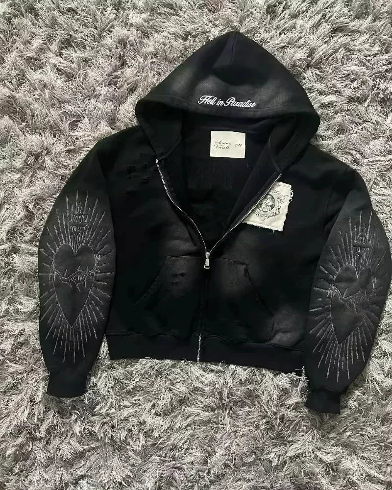 American Fashion Hip Hop Letter Embroidered Zipper Hoodie Men Street Y2K New Casual Loose Fleece Padded Sweatshirt Unisex Hoodie